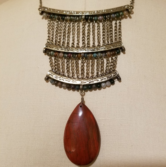 Barse- Genuine Red Jasper and multi-colored Agate beaded bronze necklace♡ - Picture 2 of 7